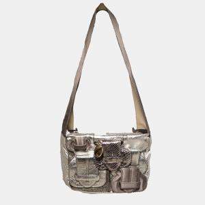 Chloe Silver Leather Satin Snakeskin Buckle Shoulder Bag