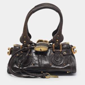 Pre Owned Chloe Dark Brown Lizard and Leather Small Paddington Crystals Satchel