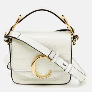 Chloe White Croc Embossed Leather Mini C Flap Top Handle Bag