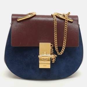 Chloe Dark Brown/Blue Leather and Suede Small Drew Shoulder Bag