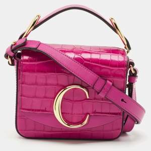 Chloé Pink Croc Embossed Leather Mini C Top Handle Bag
