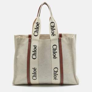 Chloé Beige/Brown Canvas and Leather Large Woody Tote