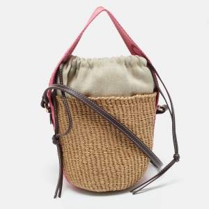 Chloé Beige/Pink Raffia and Canvas Small Woody Basket Bag