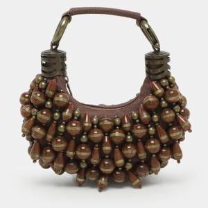 Chloe Brown Canvas Beads Embellished Hobo