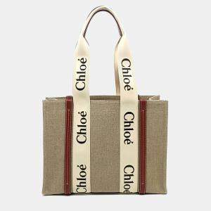 Pre Owned Chloe Beige Brown Fabric Woody Bag Medium