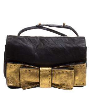 Pre Owned Chloe Black Leather Gold Bow Flap Clutch