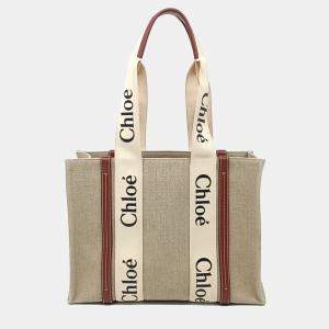 Pre Owned Chloe Beige Linen Woody Bag Medium