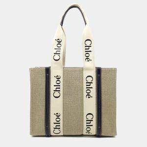 Chloé Beige/Black Fabric Medium Woody Tote