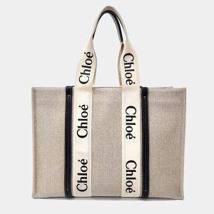 Chloe Beige Black Canvas Chloe Woody Bag Large