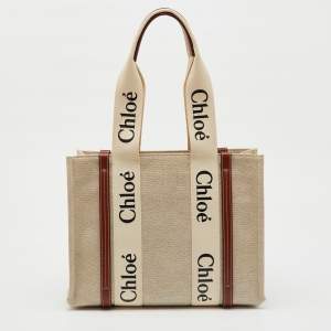 Pre Owned Chloe Beige/Brown Canvas and Leather Medium Woody Tote