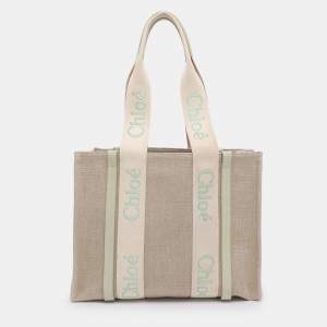 Pre Owned Chloé Beige/Light Eucalyptus Canvas and Leather Medium Woody Tote