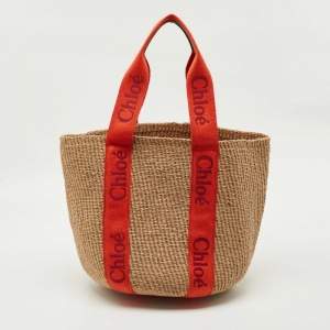 Pre Owned Chloe Beige/Orange Woven Raffia and Canvas Woody Basket Bag