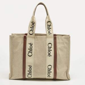 Pre Owned Chloe Beige/Brown Canvas and Leather Large Woody Tote