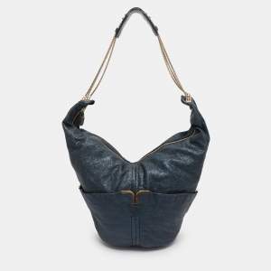 Pre Owned Chloe Metallic Blue Leather Milton Triple Chain Hobo