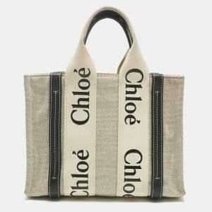 Pre Owned Chloé Beige/Black Canvas and Leather Small Woody Tote