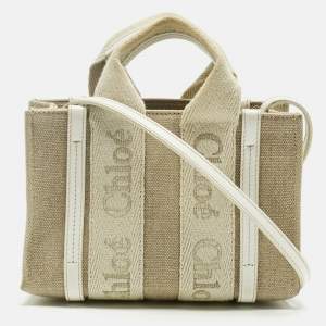 Pre Owned Chloe White/Beige Canvas Mini Woody Tote
