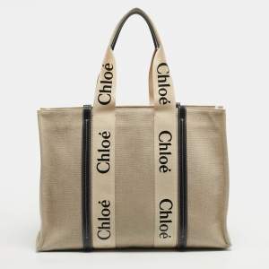 Pre Owned Chloe Beige/Black Canvas and Leather Large Woody Tote