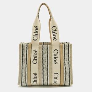 Pre Owned Chloé Beige/Black Canvas and Leather Medium Striped Woody Tote
