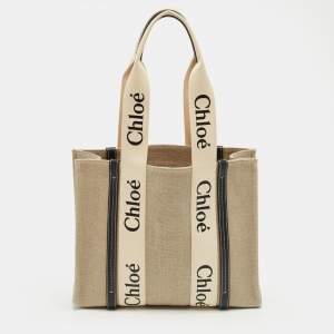 Pre Owned Chloé Beige/Navy Blue Canvas Medium Woody Tote