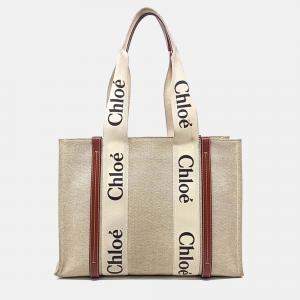 Pre Owned Chloe Beige Fabric Woody Bag Medium