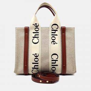 Pre Owned Chloe Beige Brown Fabric and Leather Woody Bag Small