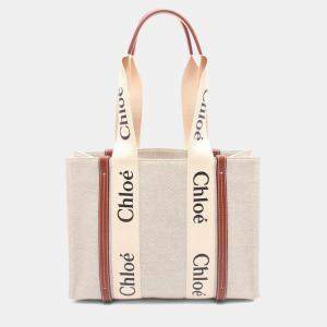 Pre Owned Chloe Woody Medium Beige Brown Canvas Leather Tote Bag