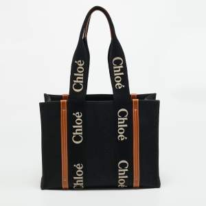 Pre Owned Chloé Woody Medium Black/Brown Canvas and Leather Tote