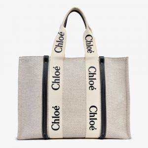 مملوكة مسبقًا حقيبة يد توت كلوي وودي شعار قماش بيج بحافة جلد أسود كبيرة