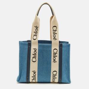 Pre Owned Chloé Woody Medium Blue Denim and Leather Tote