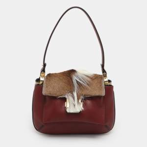 Pre Owned Chloe Amelia Burgundy/Beige Gazelle and Leather Shoulder Bag