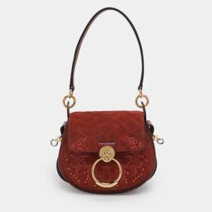 Pre Owned Chloe Tess Embroidered Red Leather and Suede Shoulder Bags