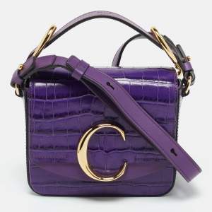مملوكة مسبقًا Chloe C Mini Purple Croc Embossed Leather Crossbody Bag