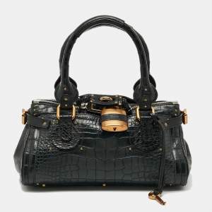 Pre Owned Chloe Paddington Medium Black Alligator and Leather Satchel