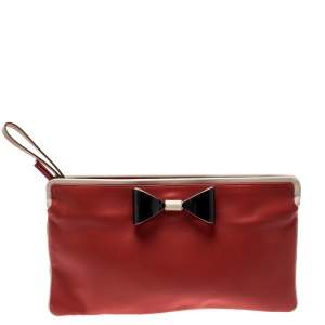 Pre Owned Chloe Red/Beige Leather Bow Clutch 