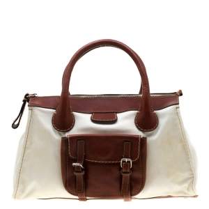 Pre Owned Chloe Brown/Off-White Canvas and Leather Edith Shopper Tote