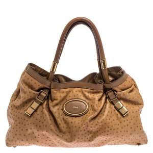 Pre Owned Chloe Brown Ostrich Embossed Leather Victoria Tote 