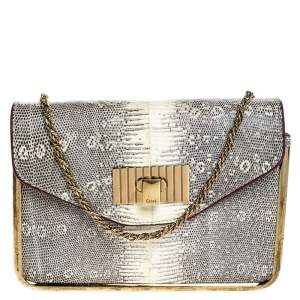 Pre Owned Chloe Beige Lizard and Leather Frame Sally Shoulder Bag