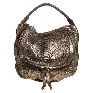 Pre Owned Chloe Gold/Brown Python and Leather Large Marcie Hobo