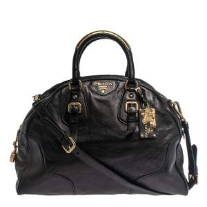 Pre Owned Prada Black Glace Calf Leather Dome Satchel