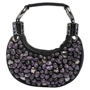 Pre Owned Chloe Black Satin Stone Beads Embellished Hobo