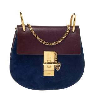Pre Owned Chloe Dark Brown/Blue Leather and Suede Small Drew Shoulder Bag