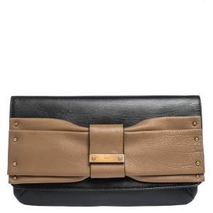 Pre Owned Chloe Black/Beige Leather Bow Flap Clutch