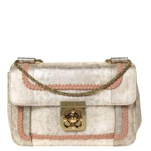 Pre Owned Chloe Gold Lizard Effect Leather Medium Braided Detail Elsie Shoulder Bag
