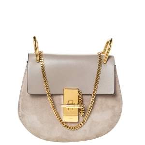 Pre Owned Chloe Taupe Leather and Suede Small Drew Shoulder Bag
