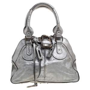 Pre Owned Chloe Metallic Silver Leather Medium Paddington Satchel