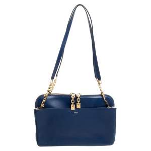 Pre Owned Chloe Navy Blue Leather Side Pocket Chain Shoulder Bag