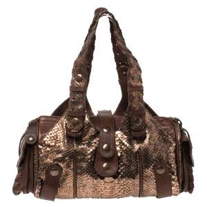 Pre Owned Chloe Brown/Rose Gold Python and Leather Silverado Satchel