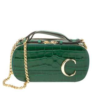 Pre Owned Chloe Green Croc Embossed Leather Mini C Vanity Shoulder Bag