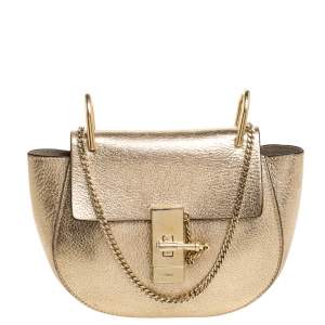 Pre Owned Chloe Metallic Gold Leather Mini Drew Shoulder Bag