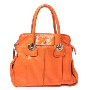 Pre Owned Chloe Orange Quilted Patent Leather Large Heloise Satchel